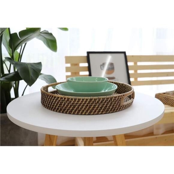 11 inch Rattan Tray, Round Wicker Tray with Cut-Out Handles, Woven Serving Tray - Picture 2 of 7